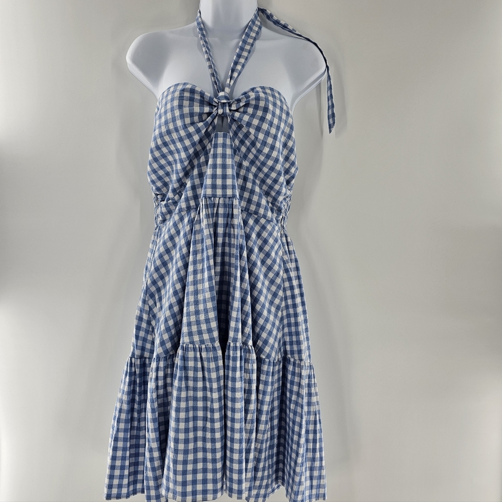 Emmie Rose Blue/White Gingham Mini Halter Dress Womens Size Large